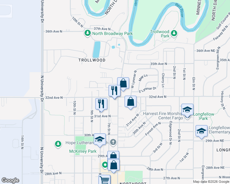 map of restaurants, bars, coffee shops, grocery stores, and more near 3202 Broadway North in Fargo