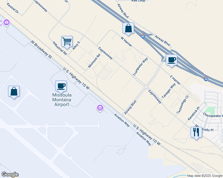 map of restaurants, bars, coffee shops, grocery stores, and more near 5001 Curlew Court in Missoula