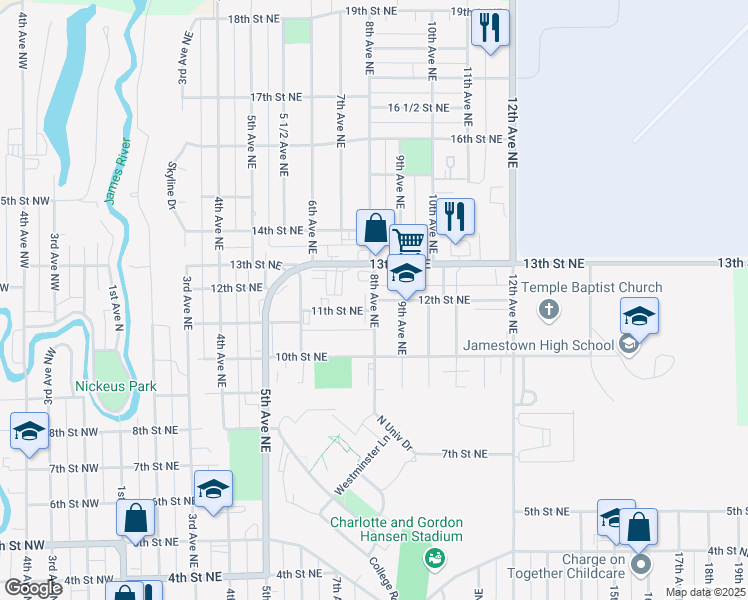 map of restaurants, bars, coffee shops, grocery stores, and more near 801 12th Street Northeast in Jamestown