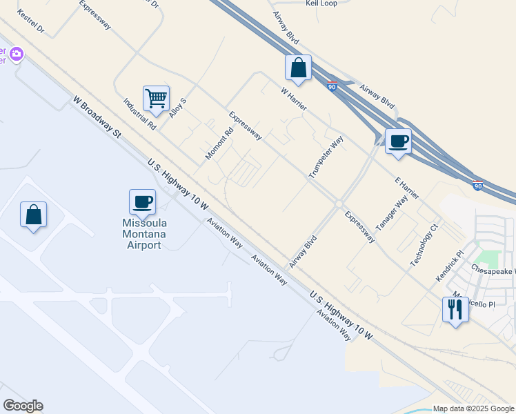 map of restaurants, bars, coffee shops, grocery stores, and more near 5001 Curlew Court in Missoula