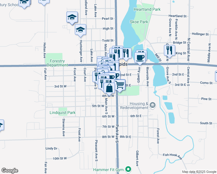 map of restaurants, bars, coffee shops, grocery stores, and more near 176 3rd Street West in Park Rapids