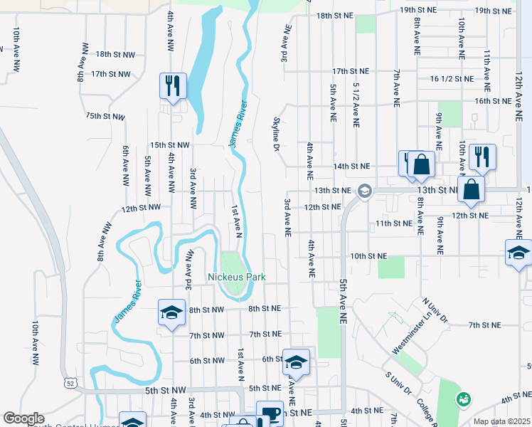 map of restaurants, bars, coffee shops, grocery stores, and more near 1201 2nd Avenue Northeast in Jamestown