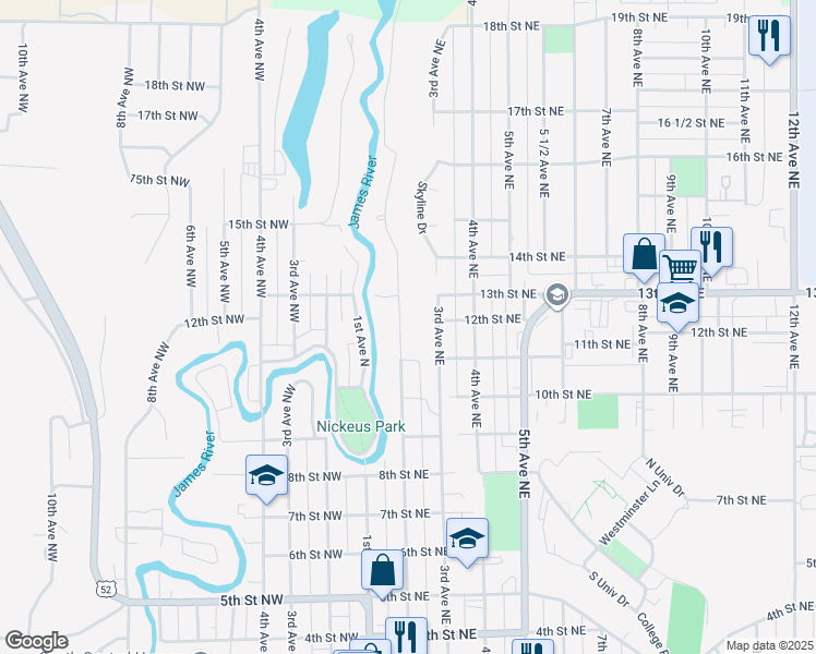map of restaurants, bars, coffee shops, grocery stores, and more near 1124 2nd Avenue Northeast in Jamestown