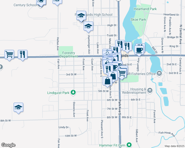 map of restaurants, bars, coffee shops, grocery stores, and more near in Park Rapids