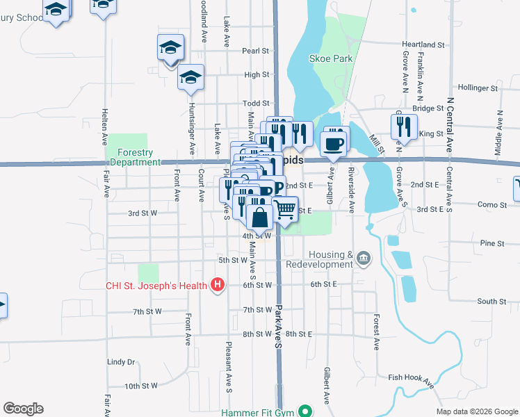 map of restaurants, bars, coffee shops, grocery stores, and more near 176 3rd Street West in Park Rapids