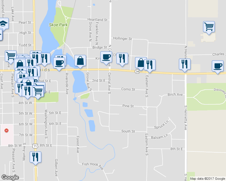 map of restaurants, bars, coffee shops, grocery stores, and more near 300 North Central Avenue in Park Rapids