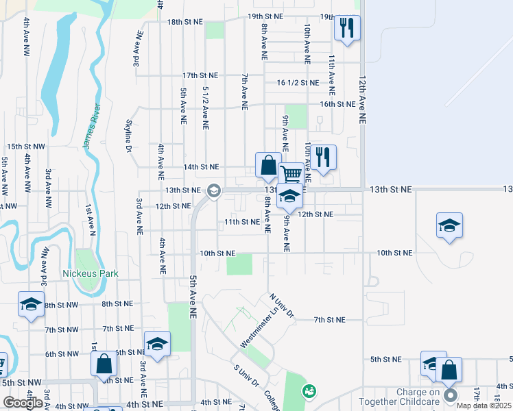 map of restaurants, bars, coffee shops, grocery stores, and more near 1215 8th Avenue Northeast in Jamestown