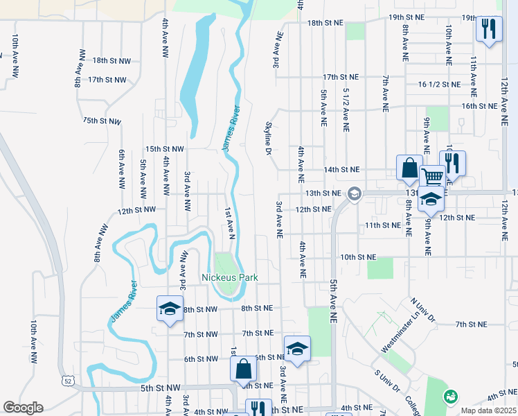 map of restaurants, bars, coffee shops, grocery stores, and more near 1201 2nd Avenue Northeast in Jamestown