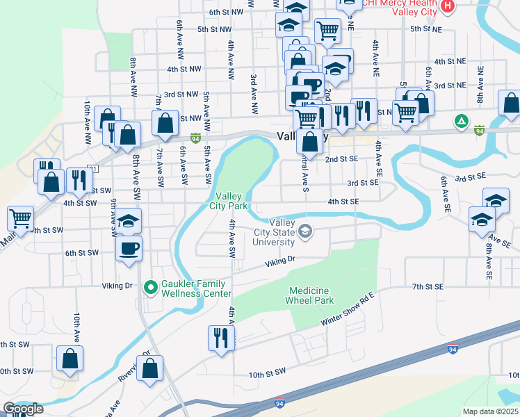 map of restaurants, bars, coffee shops, grocery stores, and more near 259 4th Street Southwest in Valley City