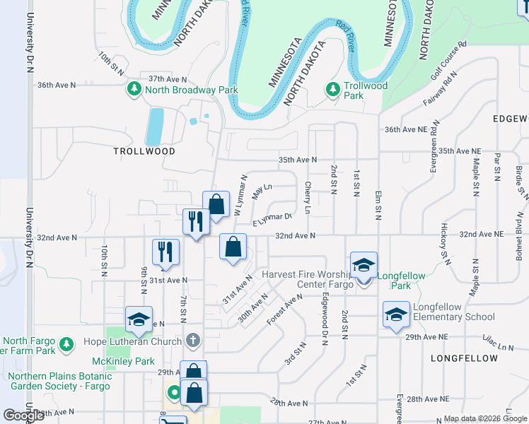 map of restaurants, bars, coffee shops, grocery stores, and more near 33-67 E Lynmar Dr in Fargo