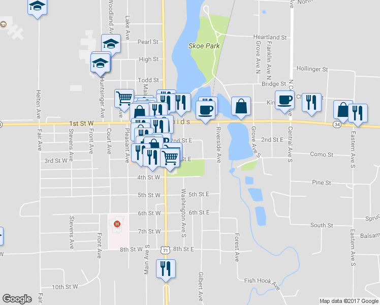 map of restaurants, bars, coffee shops, grocery stores, and more near 203 3rd Street East in Park Rapids