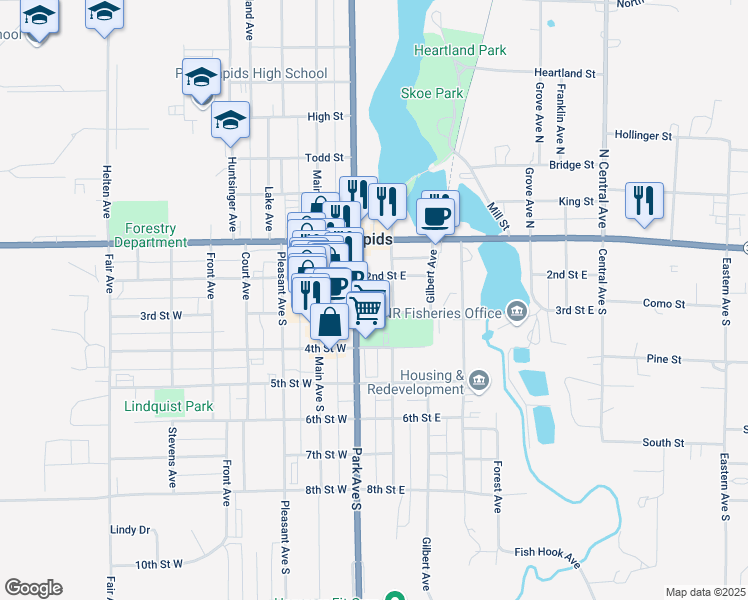 map of restaurants, bars, coffee shops, grocery stores, and more near 113 3rd Street East in Park Rapids