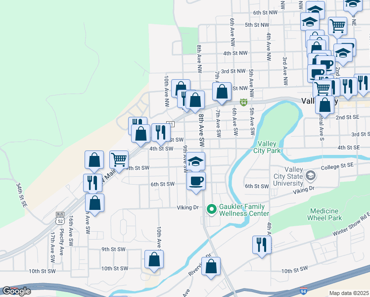 map of restaurants, bars, coffee shops, grocery stores, and more near 401 9th Avenue Southwest in Valley City