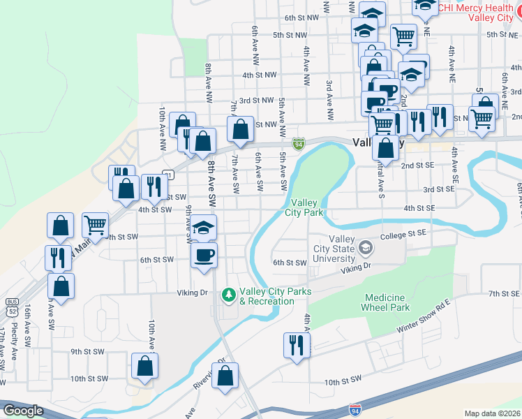 map of restaurants, bars, coffee shops, grocery stores, and more near 401 6th Avenue Southwest in Valley City