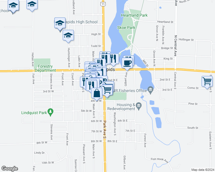 map of restaurants, bars, coffee shops, grocery stores, and more near 113 3rd Street East in Park Rapids