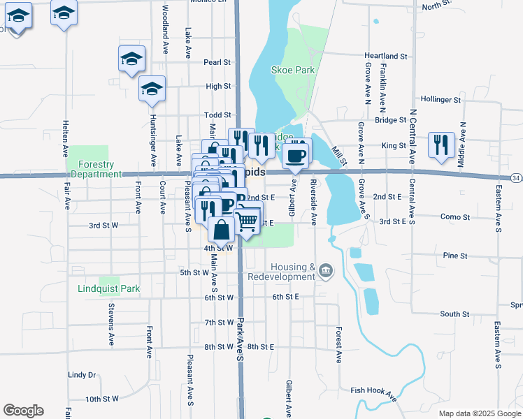 map of restaurants, bars, coffee shops, grocery stores, and more near 117 3rd Street East in Park Rapids