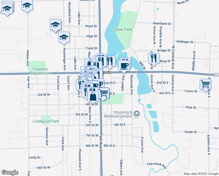 map of restaurants, bars, coffee shops, grocery stores, and more near 203 3rd Street East in Park Rapids