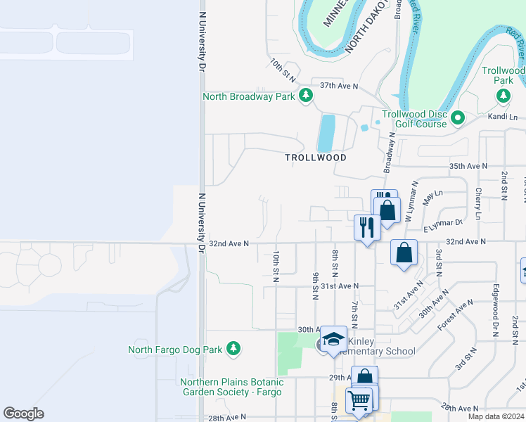 map of restaurants, bars, coffee shops, grocery stores, and more near 3216 10th Street North in Fargo