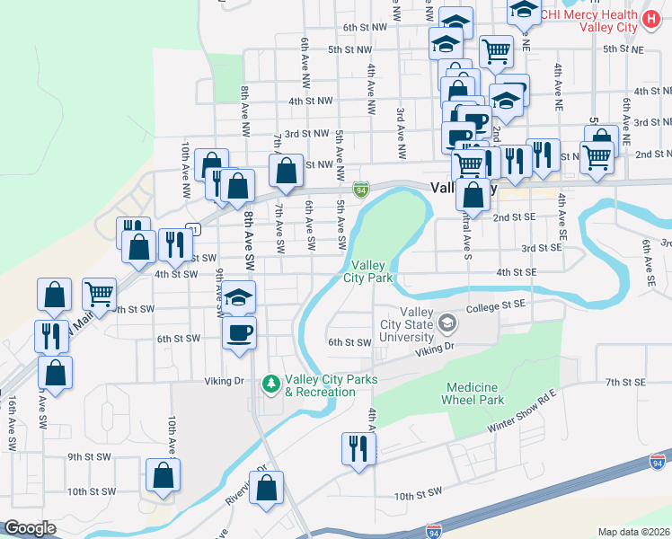 map of restaurants, bars, coffee shops, grocery stores, and more near 401 6th Avenue Southwest in Valley City