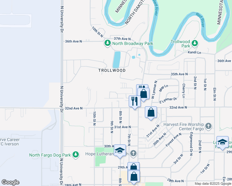 map of restaurants, bars, coffee shops, grocery stores, and more near 827 32nd Avenue North in Fargo