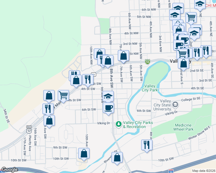 map of restaurants, bars, coffee shops, grocery stores, and more near 401-451 9th Ave SW in Valley City