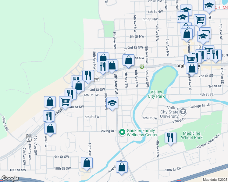 map of restaurants, bars, coffee shops, grocery stores, and more near 237 County Highway 21 in Valley City