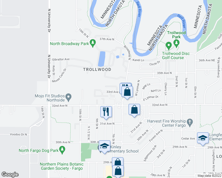map of restaurants, bars, coffee shops, grocery stores, and more near 701 33rd Avenue North in Fargo