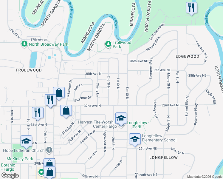 map of restaurants, bars, coffee shops, grocery stores, and more near 3406 1st Street North in Fargo