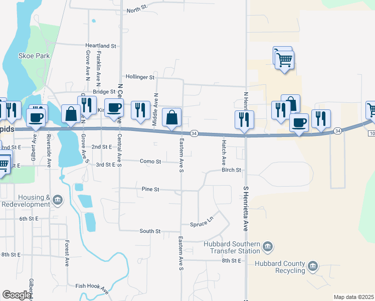 map of restaurants, bars, coffee shops, grocery stores, and more near 1006 1st Street East in Park Rapids