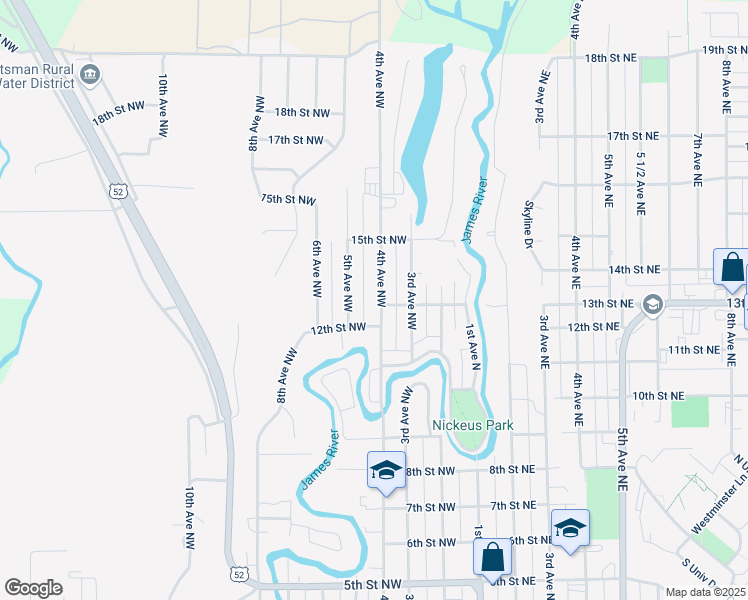 map of restaurants, bars, coffee shops, grocery stores, and more near 1301 4th Avenue Northwest in Jamestown