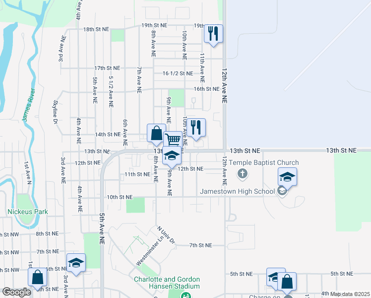 map of restaurants, bars, coffee shops, grocery stores, and more near 1310 10th Avenue Northeast in Jamestown