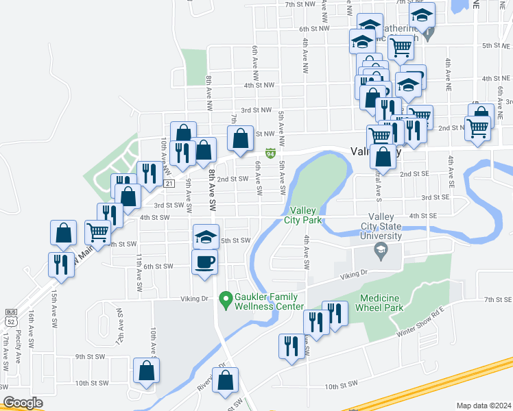 map of restaurants, bars, coffee shops, grocery stores, and more near 215 6th Avenue Southwest in Valley City