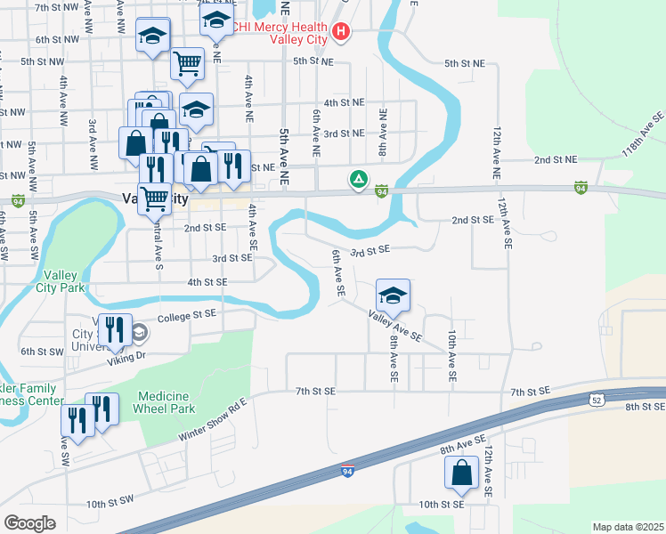 map of restaurants, bars, coffee shops, grocery stores, and more near 328 6th Avenue Southeast in Valley City