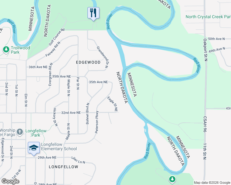 map of restaurants, bars, coffee shops, grocery stores, and more near 3414 Peterson Pkwy N in Fargo