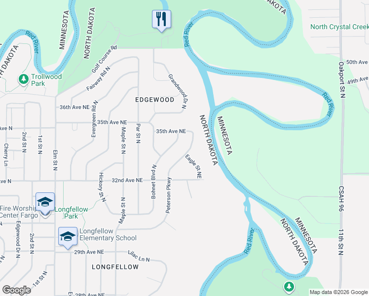 map of restaurants, bars, coffee shops, grocery stores, and more near 3414 Peterson Pkwy N in Fargo