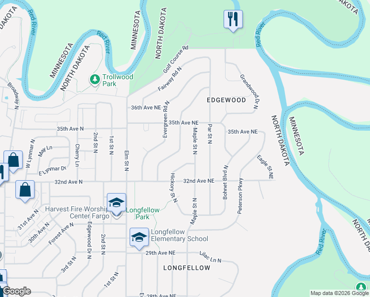 map of restaurants, bars, coffee shops, grocery stores, and more near 3320 Maple St NE in Fargo
