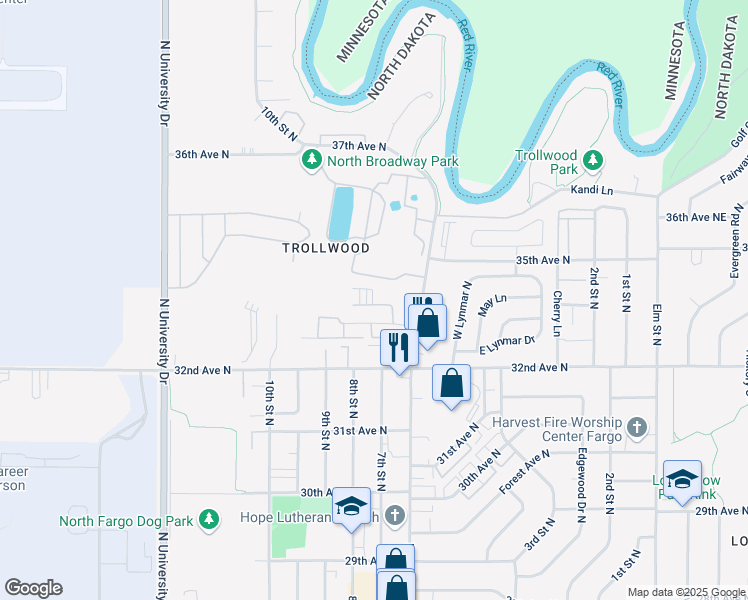map of restaurants, bars, coffee shops, grocery stores, and more near 701 33rd Avenue North in Fargo