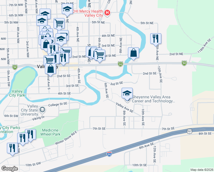map of restaurants, bars, coffee shops, grocery stores, and more near 628-654 3rd Street Southeast in Valley City