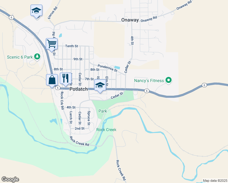 map of restaurants, bars, coffee shops, grocery stores, and more near 735 6th Street in Potlatch