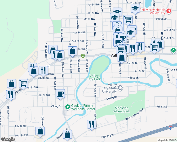 map of restaurants, bars, coffee shops, grocery stores, and more near 231 5th Avenue Southwest in Valley City