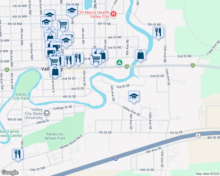 map of restaurants, bars, coffee shops, grocery stores, and more near 328 6th Avenue Southeast in Valley City