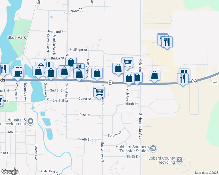 map of restaurants, bars, coffee shops, grocery stores, and more near 1006 1st Street East in Park Rapids