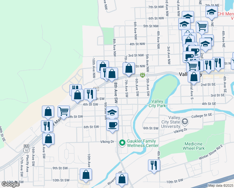 map of restaurants, bars, coffee shops, grocery stores, and more near 237 County Highway 21 in Valley City