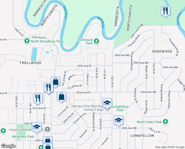 map of restaurants, bars, coffee shops, grocery stores, and more near 3407 Cherry Lane in Fargo