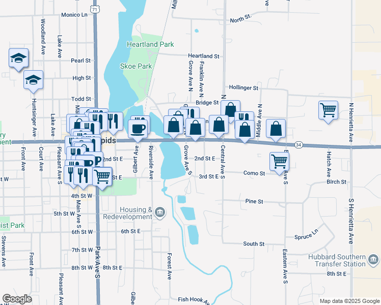 map of restaurants, bars, coffee shops, grocery stores, and more near 110 Grove Avenue North in Park Rapids