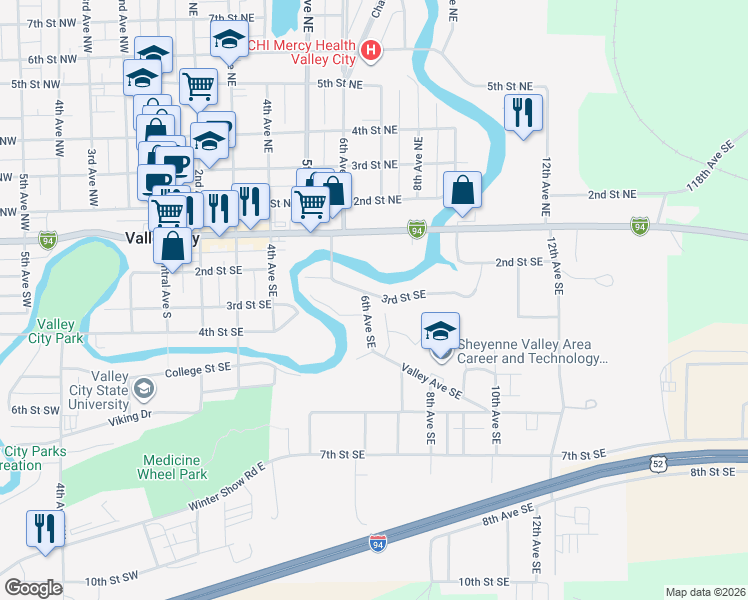map of restaurants, bars, coffee shops, grocery stores, and more near 628 3rd Street Southeast in Valley City