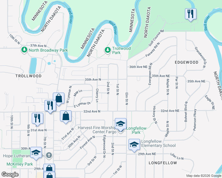 map of restaurants, bars, coffee shops, grocery stores, and more near 3409 2nd Street North in Fargo