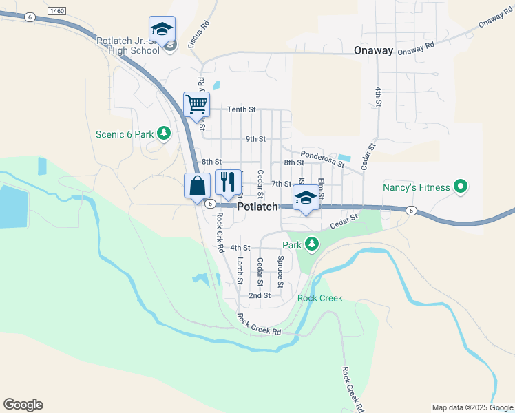 map of restaurants, bars, coffee shops, grocery stores, and more near in Potlatch