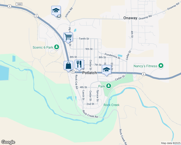 map of restaurants, bars, coffee shops, grocery stores, and more near Cedar Street in Potlatch