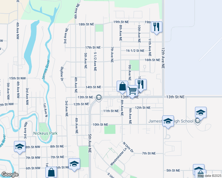 map of restaurants, bars, coffee shops, grocery stores, and more near 610 14th Street Northeast in Jamestown